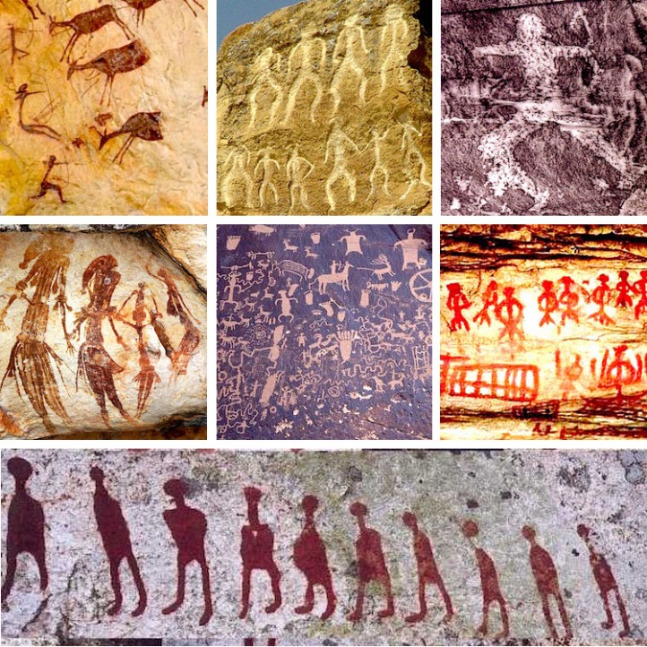 Circle heads and boxy torsos characterize the human figure in ancient paintings and carvings, some dating back 10,000 years or more. Scenes multiple figures reveal each culture’s visual idea of “everyman.” Top, left to right: Cova dels Cavalls cave in Valltorta, Spain; Gobustan National Park, Azerbaijan; Sunduki site in Khakassia, Siberia, Russian Federation. Middle: Kimberley region, Western Australia; Newspaper Rock, near Moab, Utah, United States; Modjodje, Mali. Bottom: Haljesta, Sweden. 