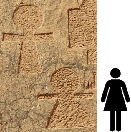 Although not identical, these “trademarks” from the Gebel el Silsila quarry (New Kingdom, 16th to 11th centuries BC) follow a simplified and standardized version of a circle-and-box figure. The Gwen icon, seen at airports around the world today, continues an old tradition.