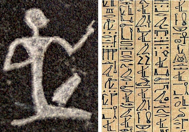 In hieroglyphic writing, simple drawings are standardized and used as words. The hieroglyphic for “man” on the left is from the tomb of Ankhnesneferibre, an Egyptian princess who died in 530 BC. In the image on the right, from the Papyrus of Ani (1250 BC), note the simplified forms of cursive hieroglyphics (bottom left, top right). Some hieroglyphics stood for sounds rather than whole words, pointing the way toward further-simplified phonetic alphabets.