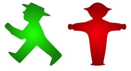 The Ampelmännchen ("traffic-light guys") brought the pictorial strategy to crosswalk signals, which previously relied on red/green lights or WALK/DON'T WALK. Psychologist Karl Peglau came up with the idea and his secretary Anneliese Wegner drew the caricatures, which lighted up the daily lives of pedestrians in East Germany after 1961. Something about the stubby figure and quirky hat made the Ampelmann lovable, like the Pillsbury Doughboy.